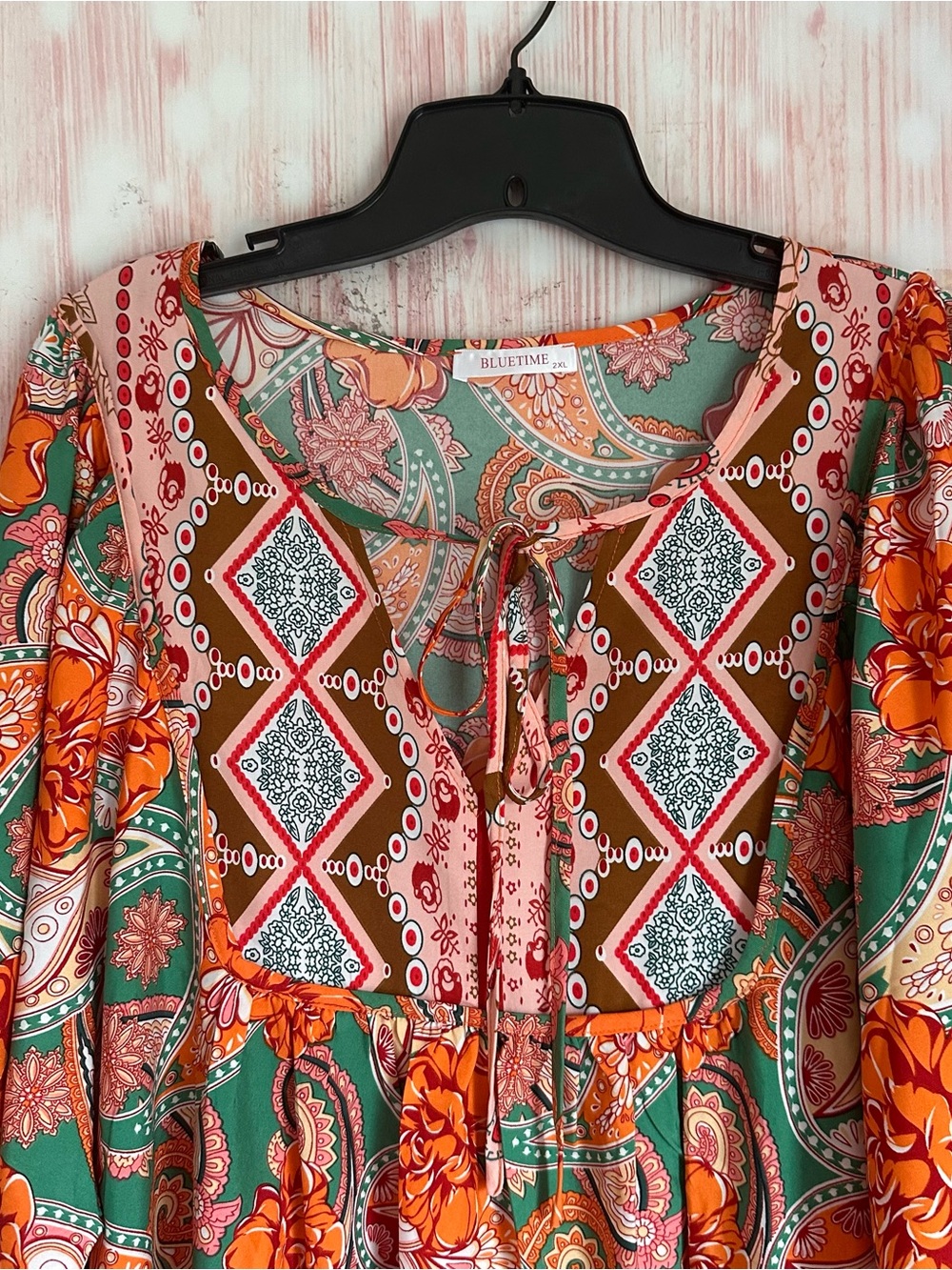 Amazon Bluetime Pink Paisley Orange Boho 3/4 Sleeve Babydoll Dress Size 2X - Picture 4 of 12